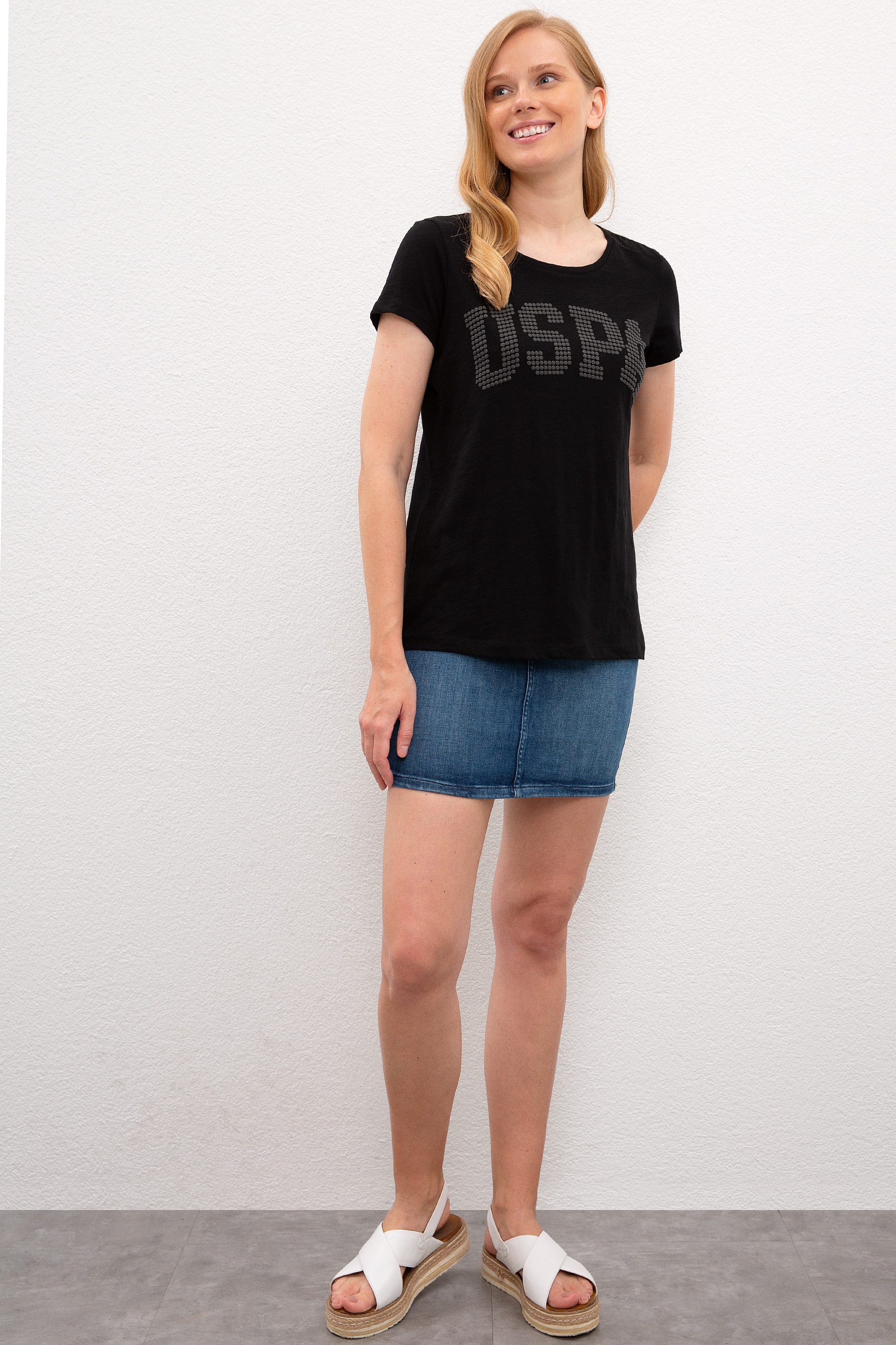 Kadın Siyah Bisiklet Yaka T-Shirt - Image 5