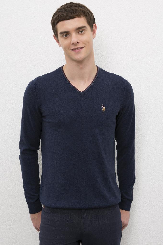 Erkek Lacivert V-Yaka Triko Kazak Basic