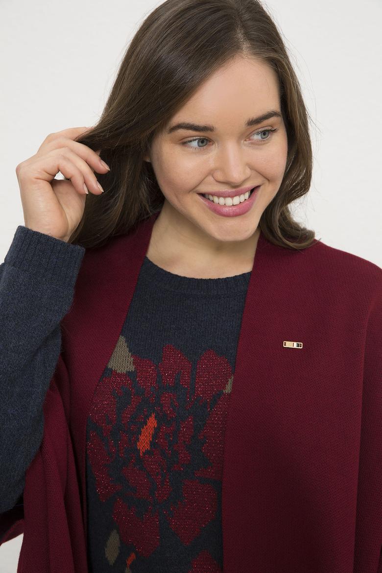 Kadın Bordo Triko Panço - 50223973008