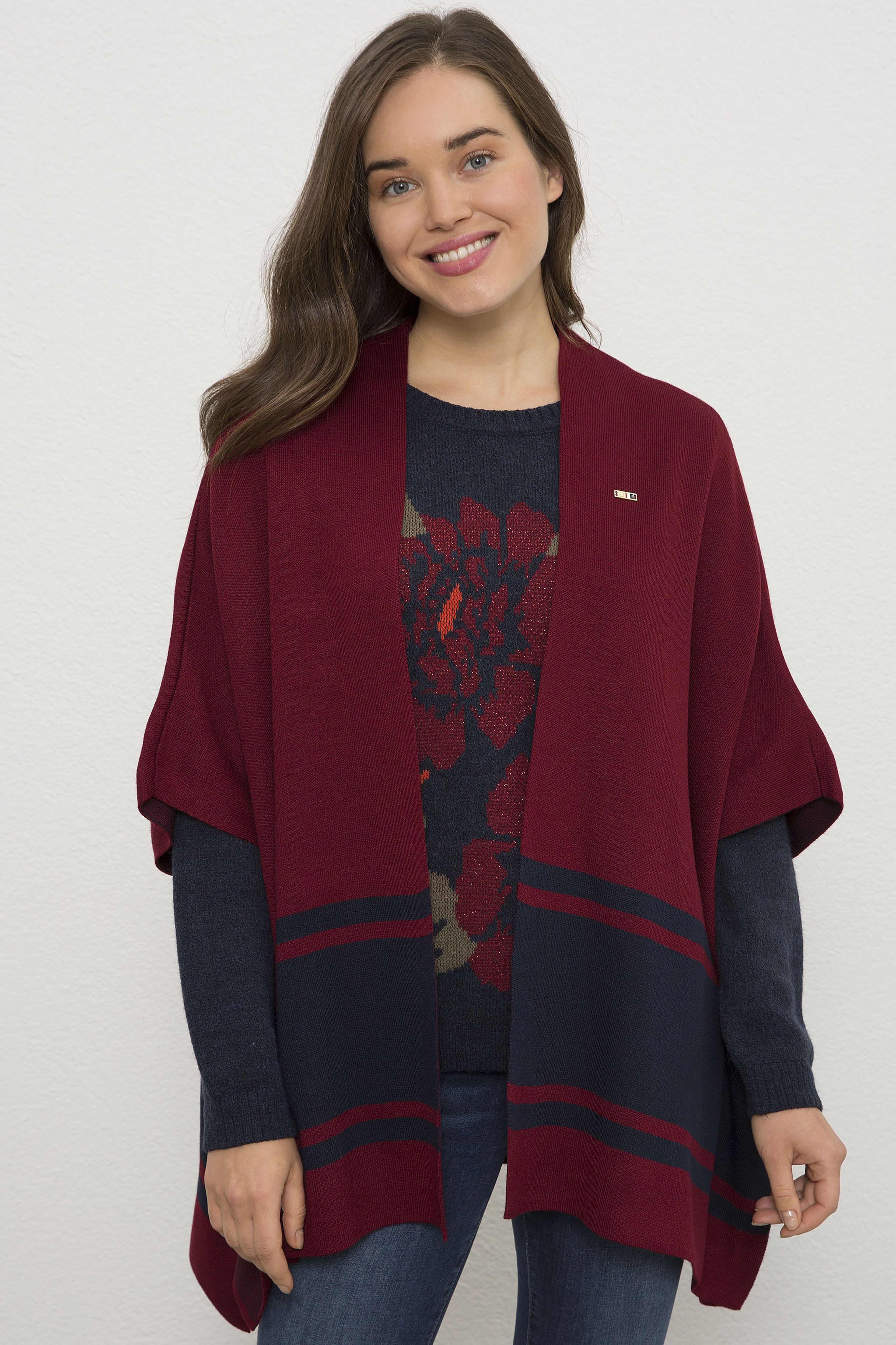 Kadın Bordo Triko Panço - Image 1
