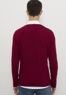 Erkek Bordo V-Yaka Triko Kazak Basic - 50224729062