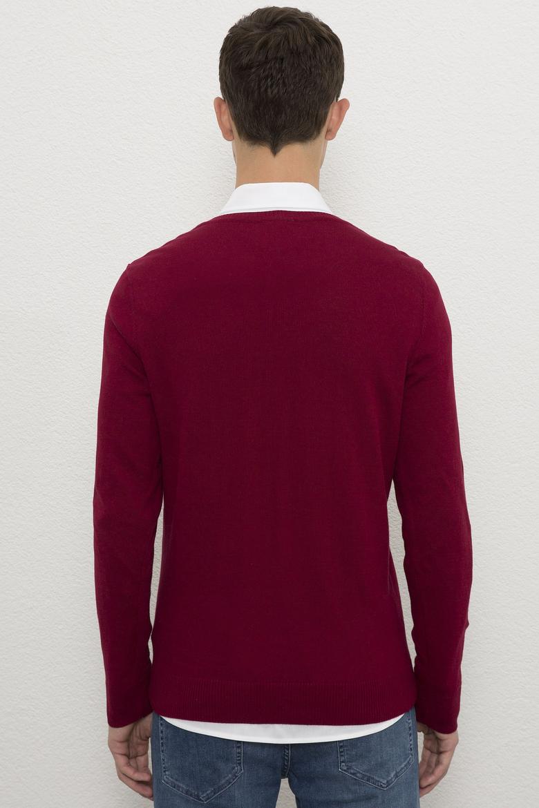 Erkek Bordo V-Yaka Triko Kazak Basic - 50224729062