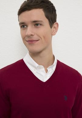 Erkek Bordo V-Yaka Triko Kazak Basic - 50224729062