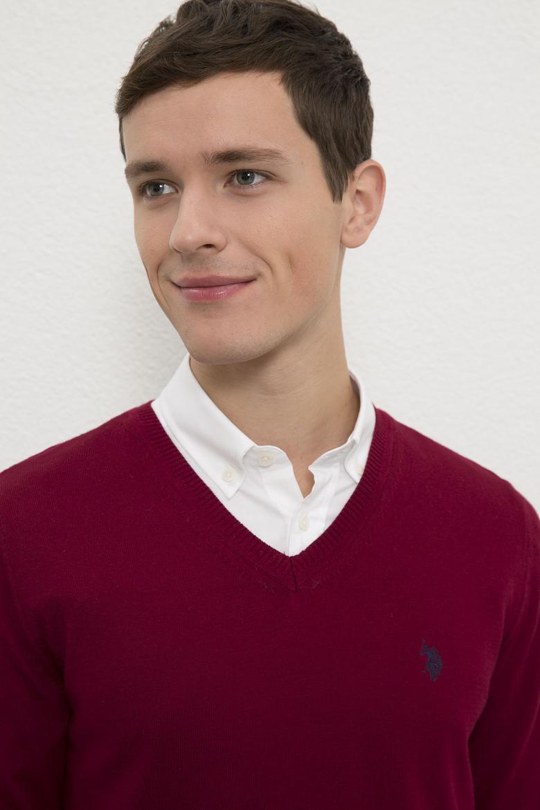 Erkek Bordo V-Yaka Triko Kazak Basic - 50224729062