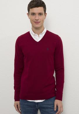 Erkek Bordo V-Yaka Triko Kazak Basic - 50224729062