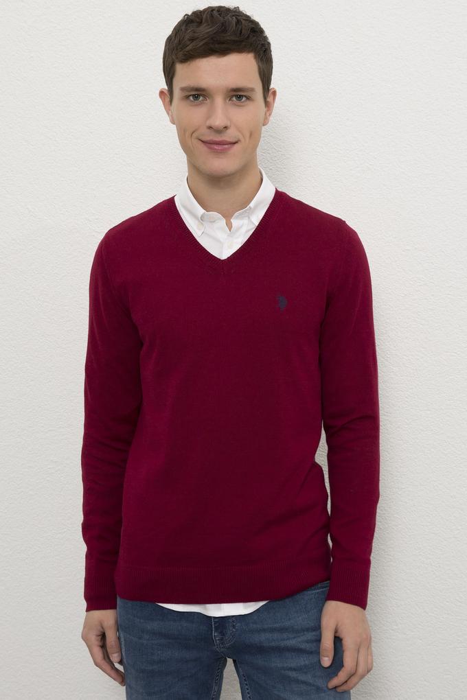 Erkek Bordo V-Yaka Triko Kazak Basic