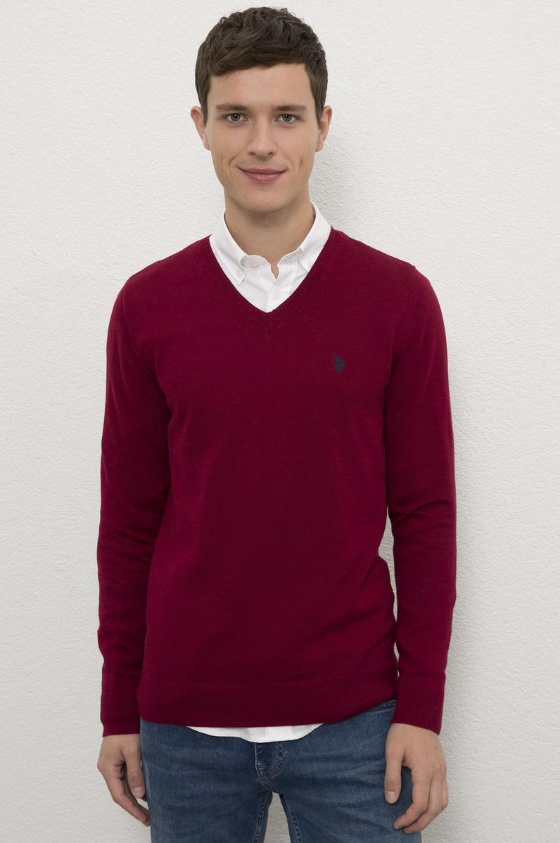 Erkek Bordo V-Yaka Triko Kazak Basic
