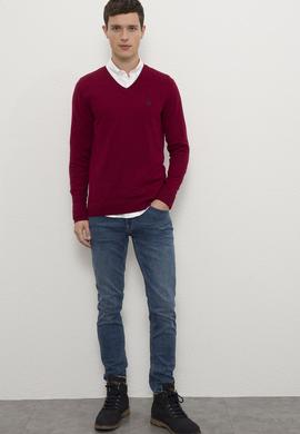 Erkek Bordo V-Yaka Triko Kazak Basic - 50224729062