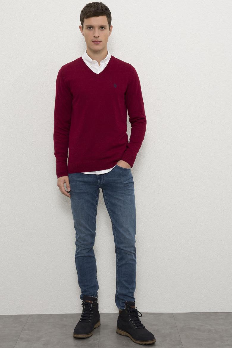 Erkek Bordo V-Yaka Triko Kazak Basic - 50224729062