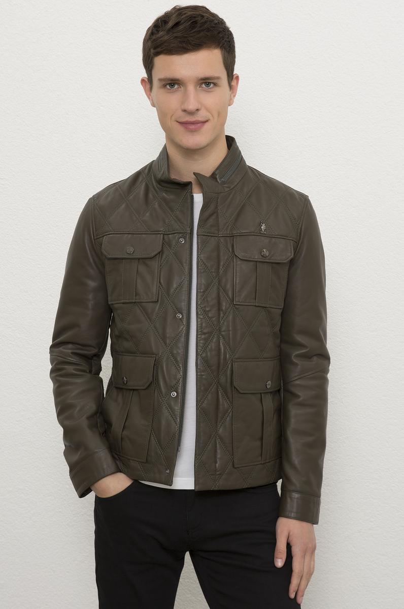 Erkek Yeşil Deri Mont Kaban