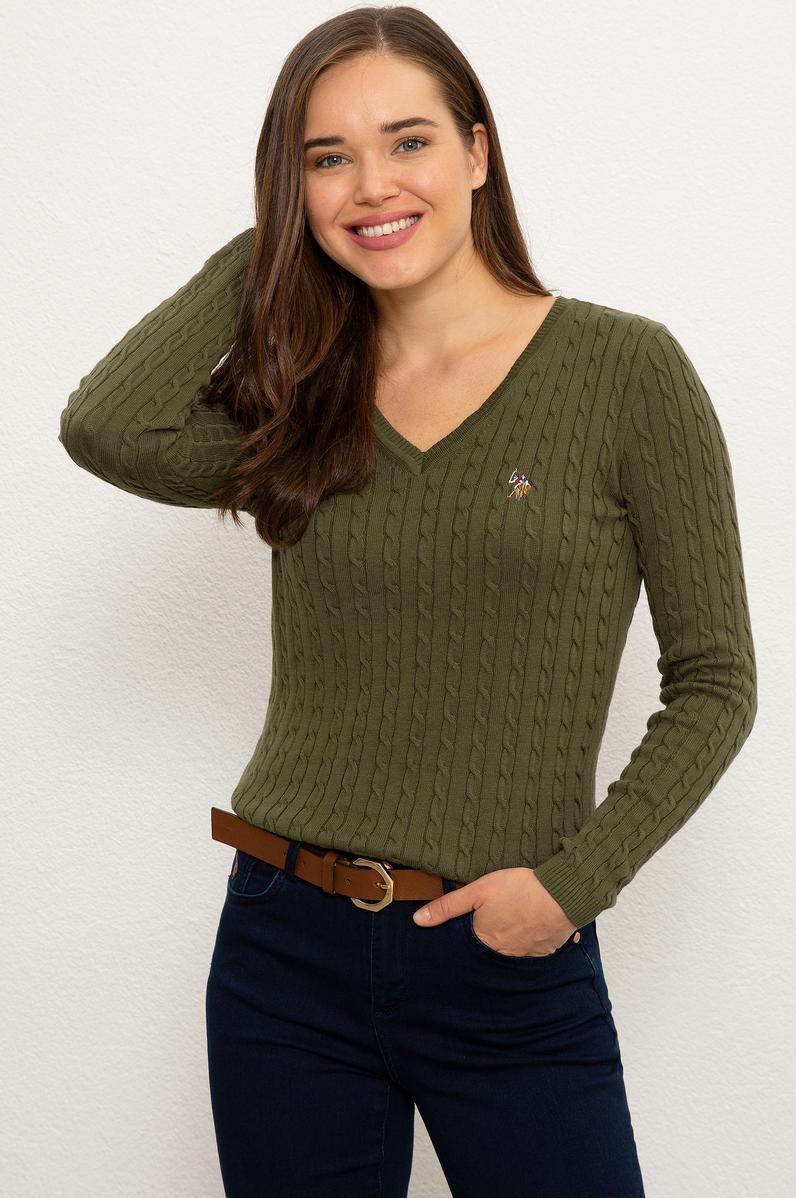 Kadın Yeşil Triko Kazak Basic