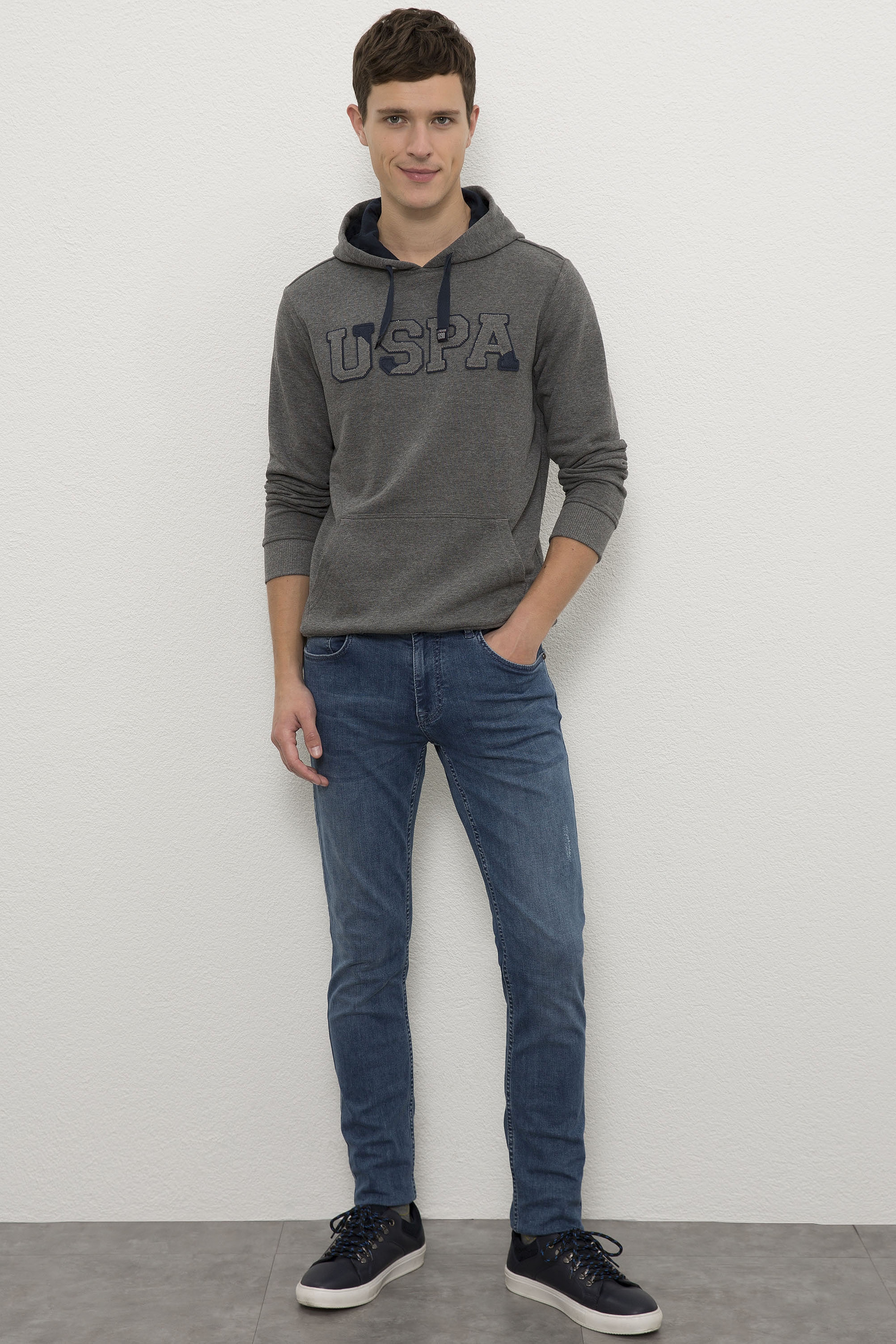 Erkek Antrasit Melanj Kapüşonlu Sweatshirt Basic - Image 4