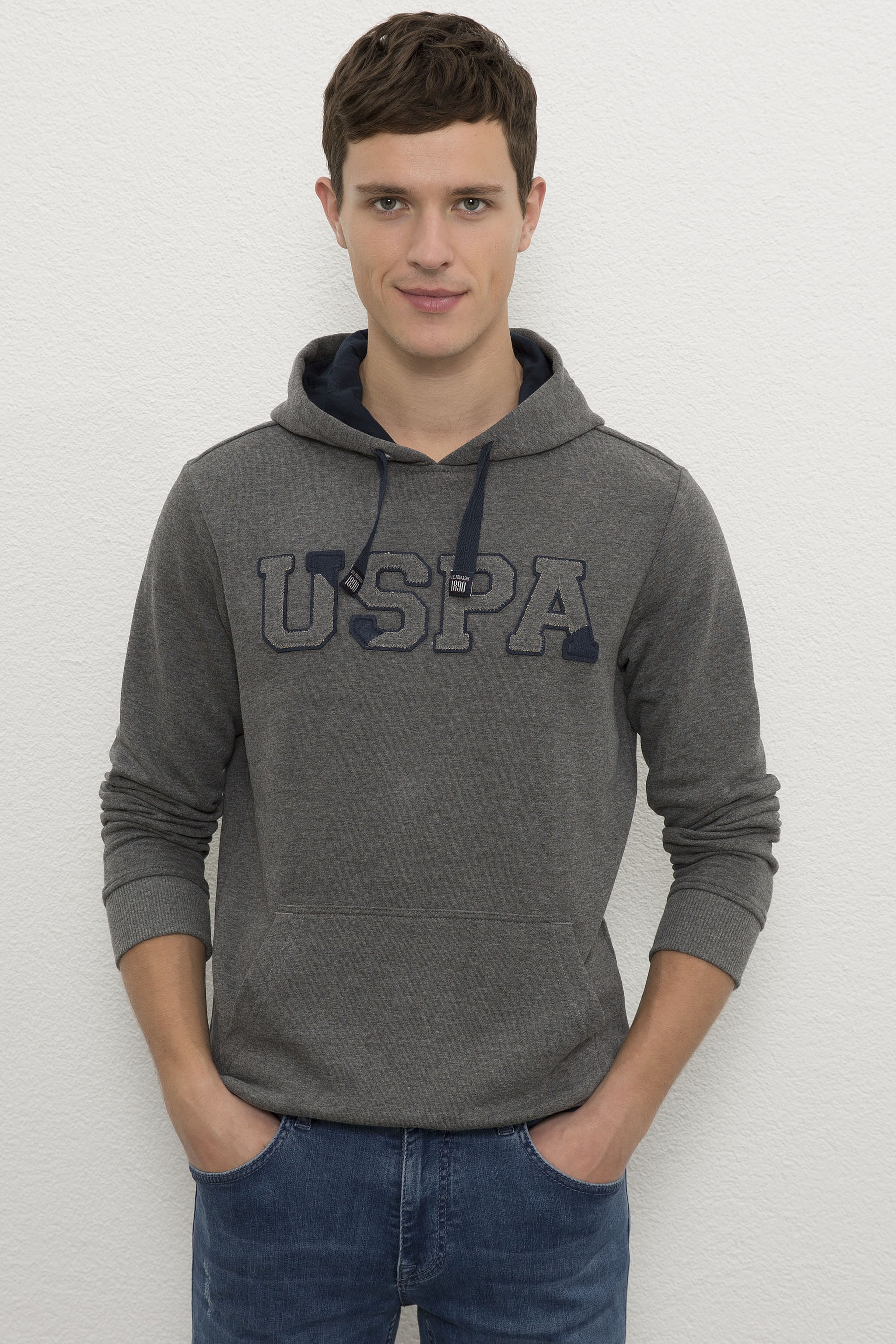 Erkek Antrasit Melanj Kapüşonlu Sweatshirt Basic - Image 1