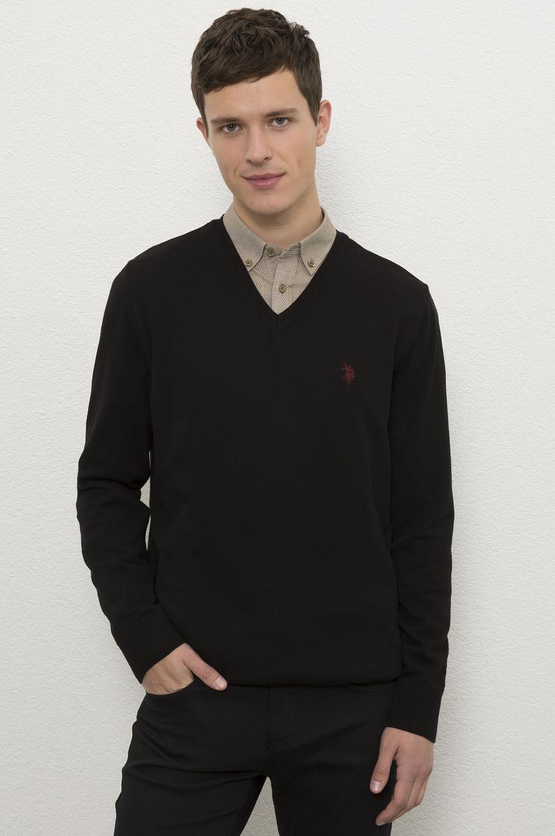 Erkek Siyah V-Yaka Triko Kazak Basic