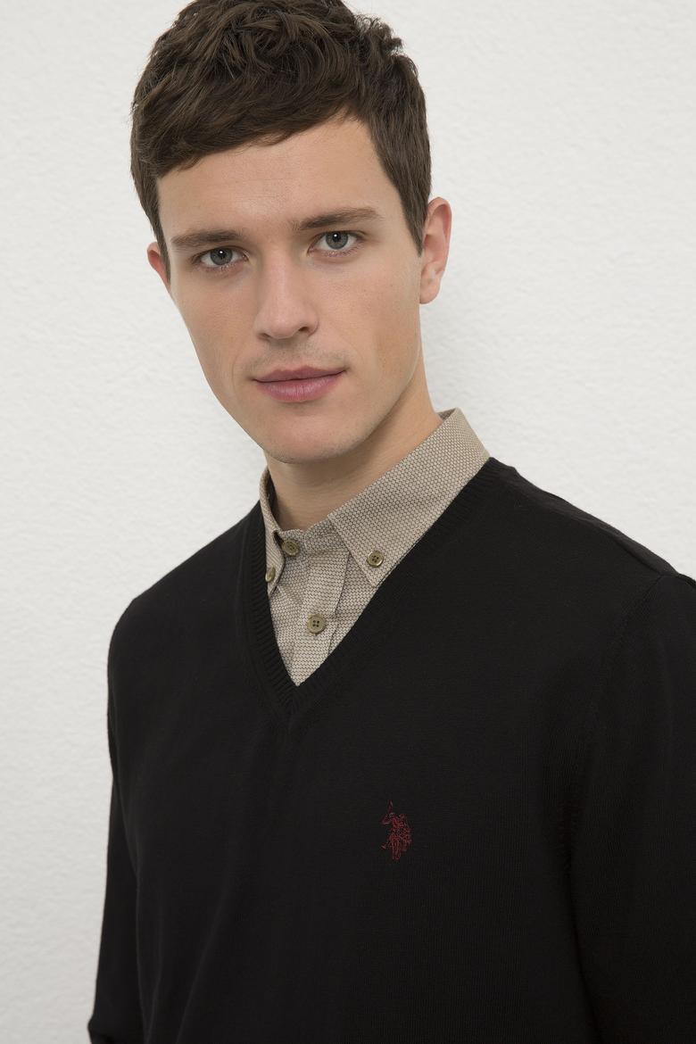 Erkek Siyah V-Yaka Triko Kazak Basic - 50224729015