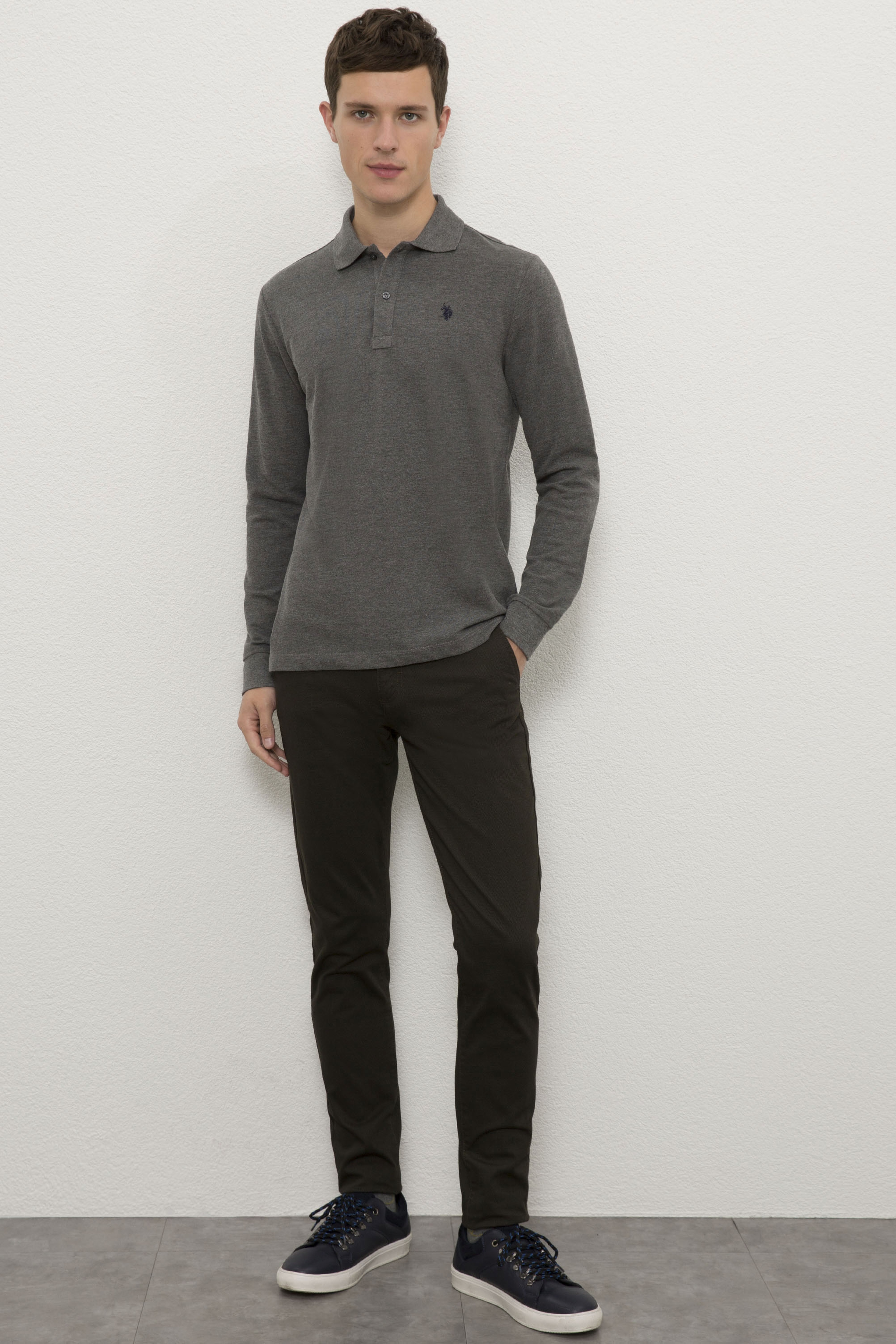 Erkek Antrasit Melanj Polo Yaka Sweatshirt Basic - Image 4