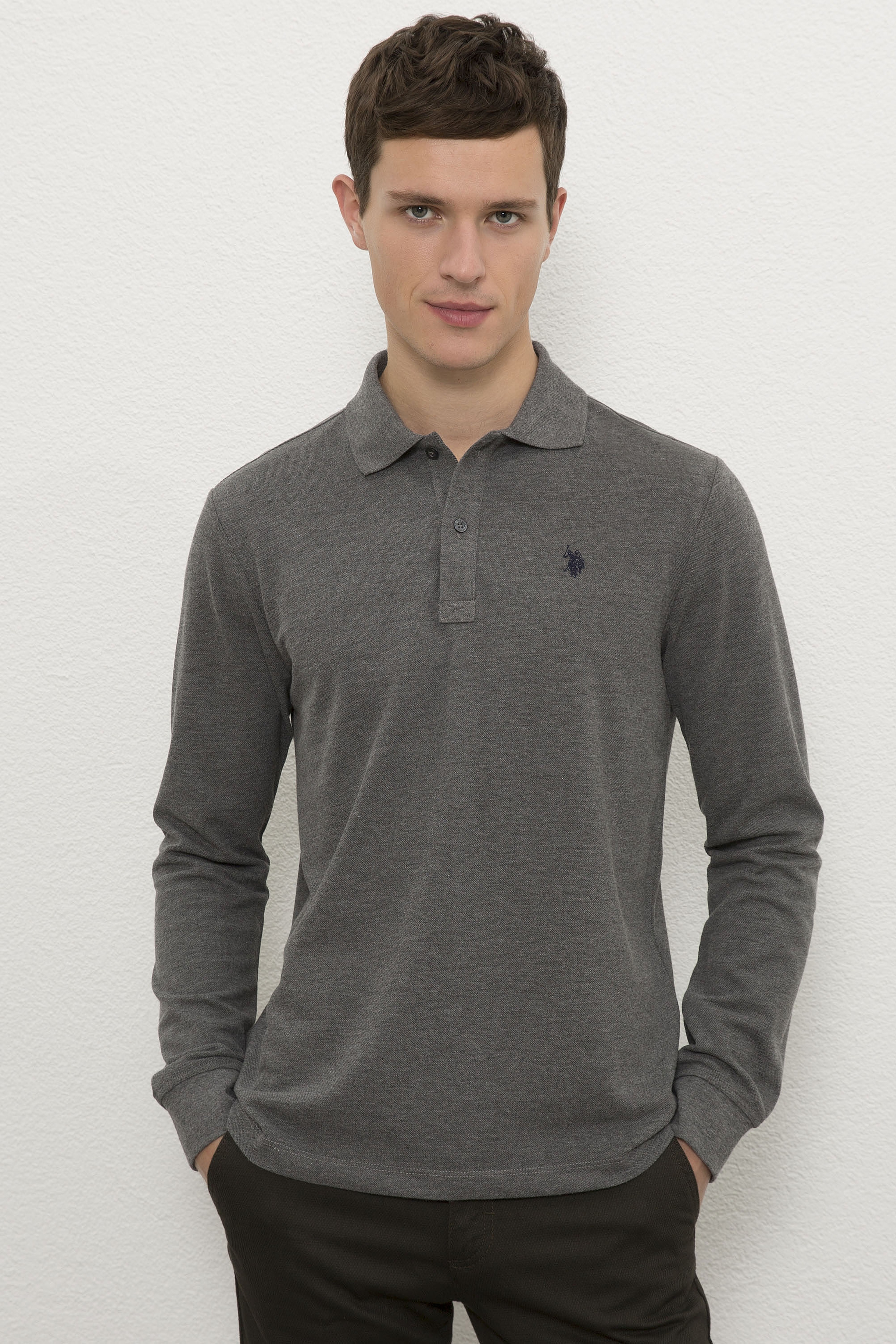 Erkek Antrasit Melanj Polo Yaka Sweatshirt Basic