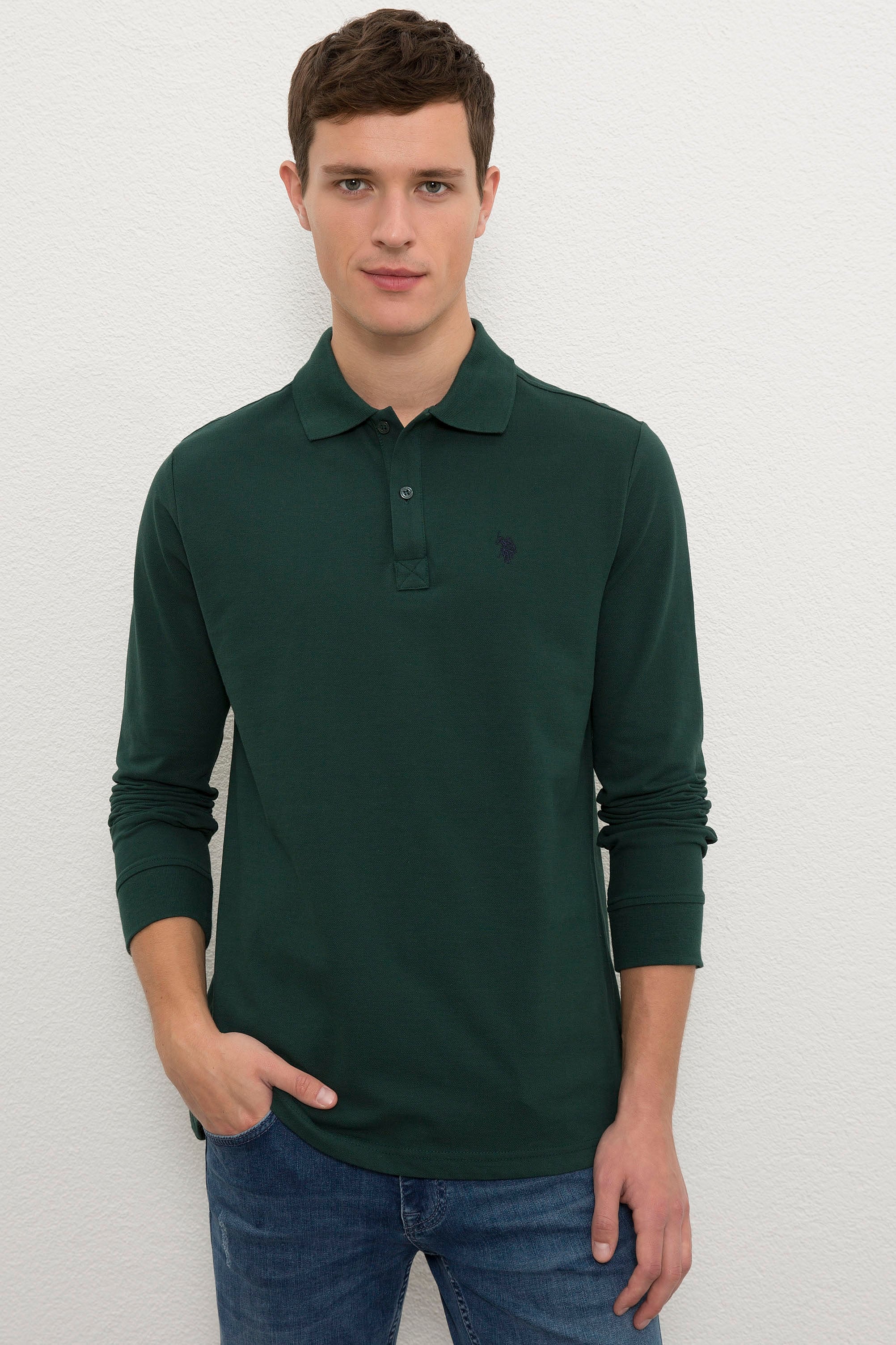 Erkek Koyu Yeşil Polo Yaka Sweatshirt Basic