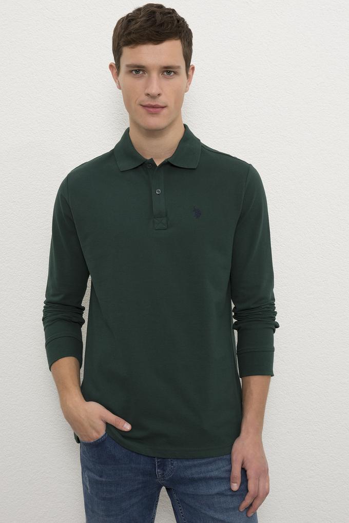 Erkek Koyu Yeşil Polo Yaka Sweatshirt Basic