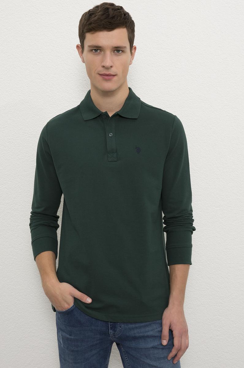 Erkek Koyu Yeşil Polo Yaka Sweatshirt Basic