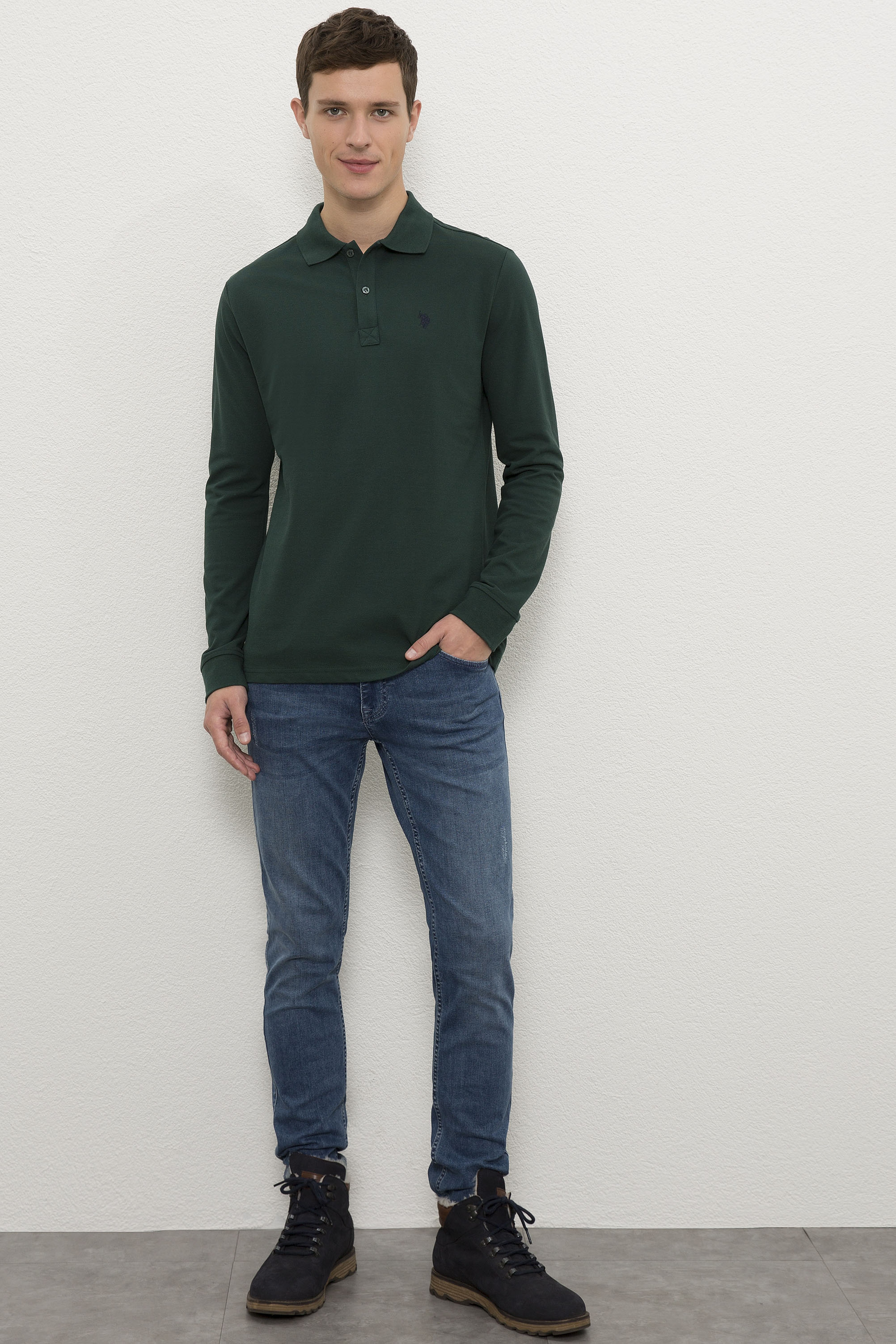 Erkek Koyu Yeşil Polo Yaka Sweatshirt Basic