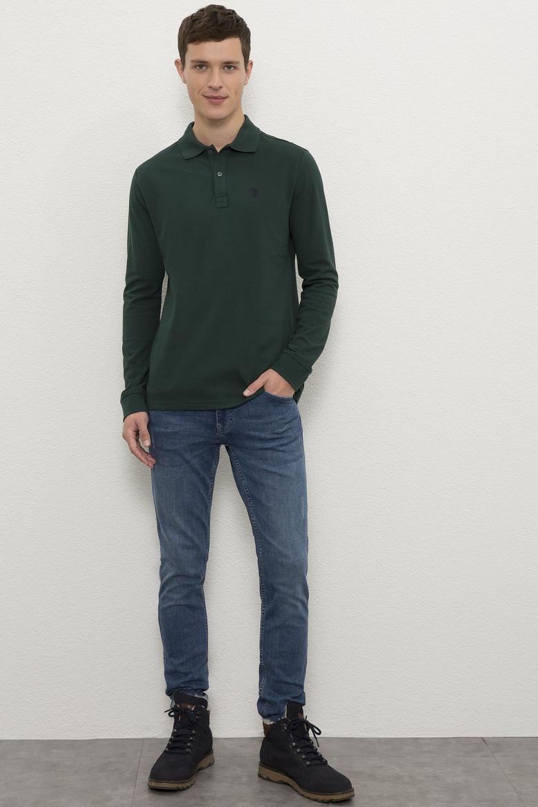 Erkek Koyu Yeşil Polo Yaka Sweatshirt Basic - 50225335044