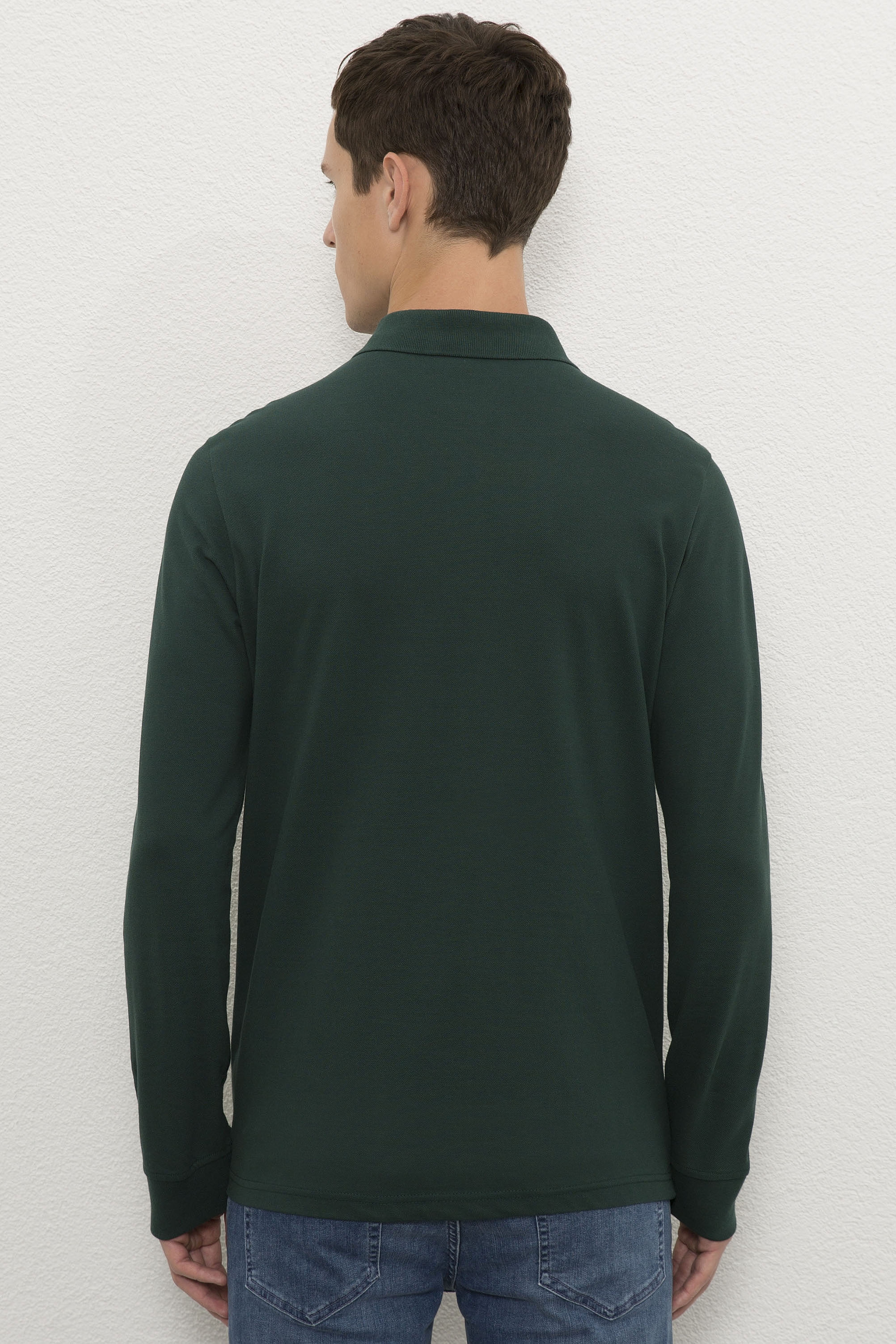 Erkek Koyu Yeşil Polo Yaka Sweatshirt Basic - Image 3