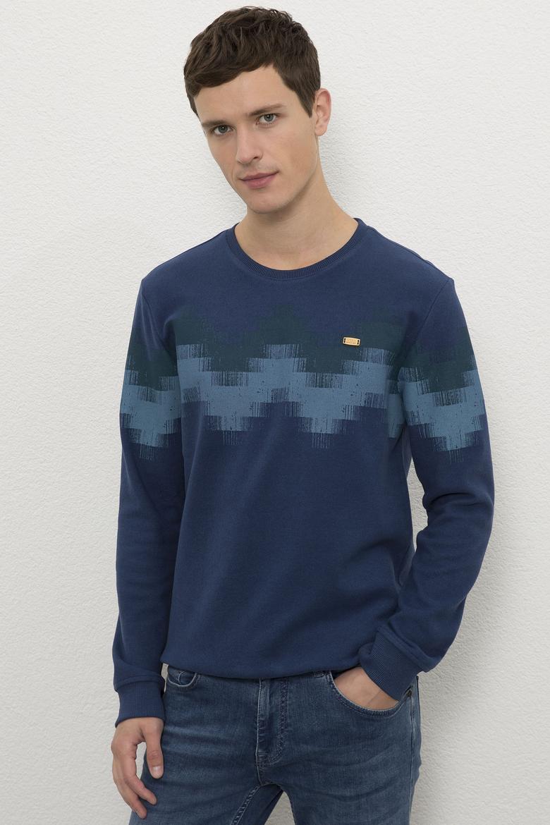 Erkek İndigo Bisiklet Yaka Sweatshirt