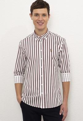 Erkek Bordo Dikey Çizgili Gömlek Uzunkol - 50226560030