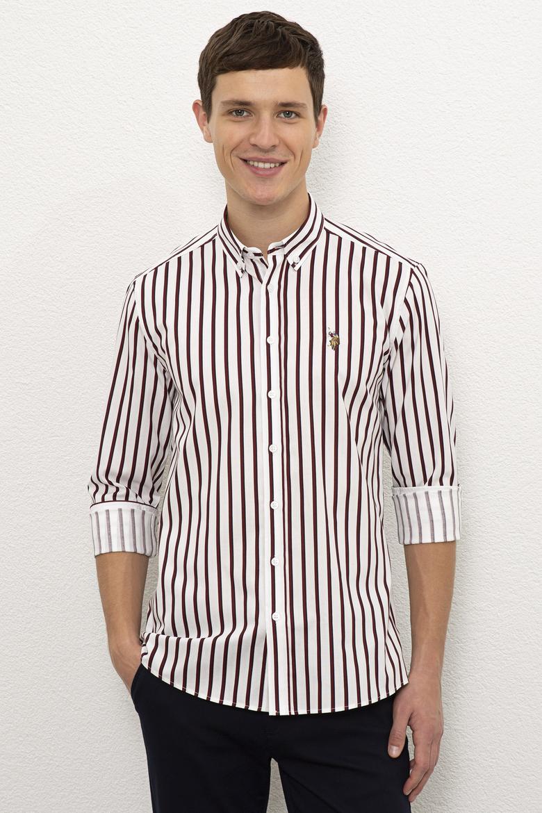 Erkek Bordo Dikey Çizgili Gömlek Uzunkol