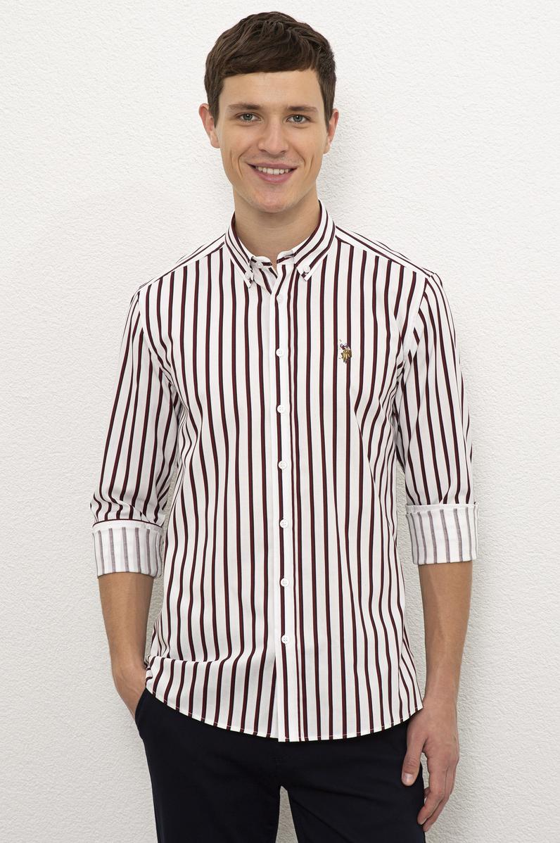 Erkek Bordo Dikey Çizgili Gömlek Uzunkol