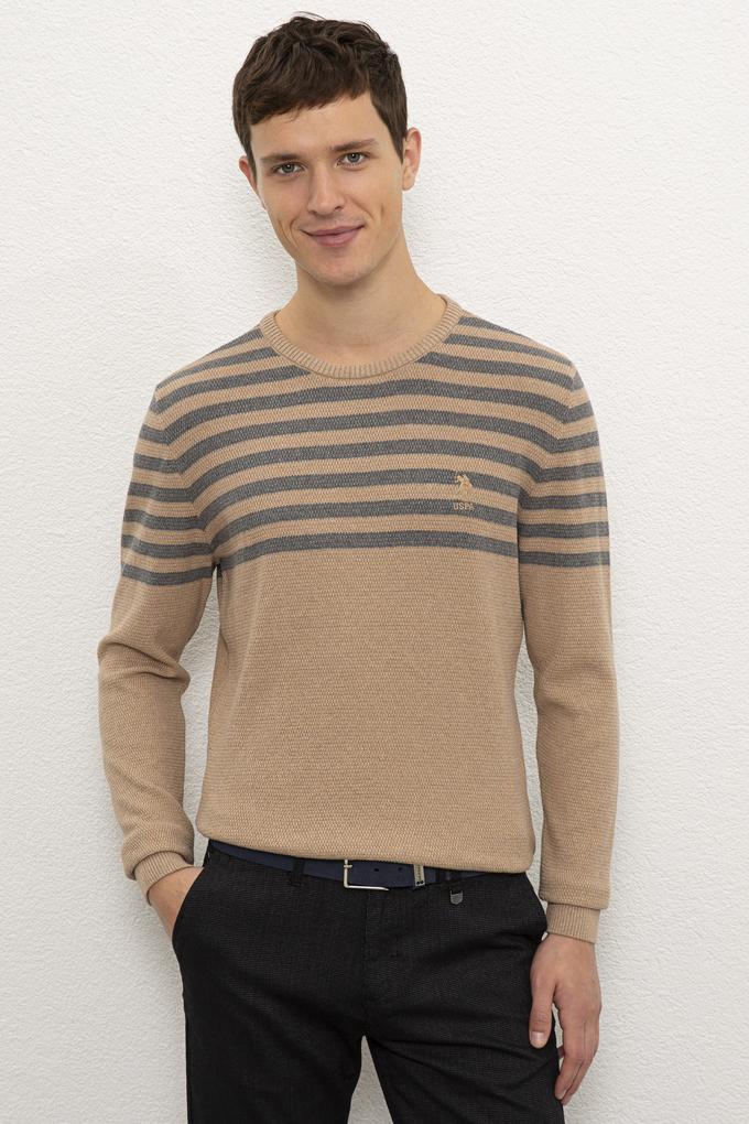 Erkek Camel Melanj Bisiklet Yaka Triko Kazak