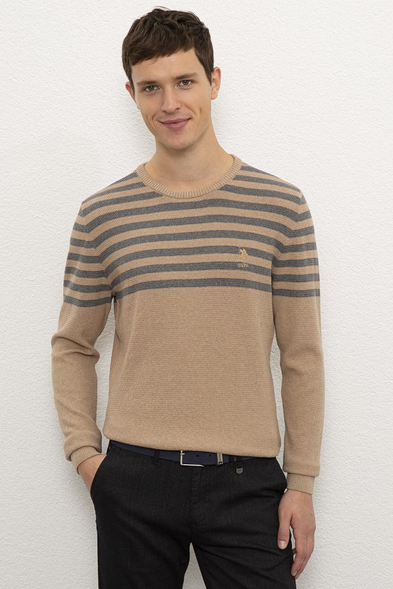 Erkek Camel Melanj Bisiklet Yaka Triko Kazak