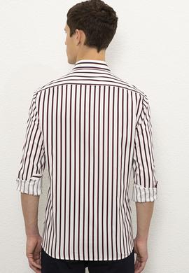 Erkek Bordo Dikey Çizgili Gömlek Uzunkol - 50226560030