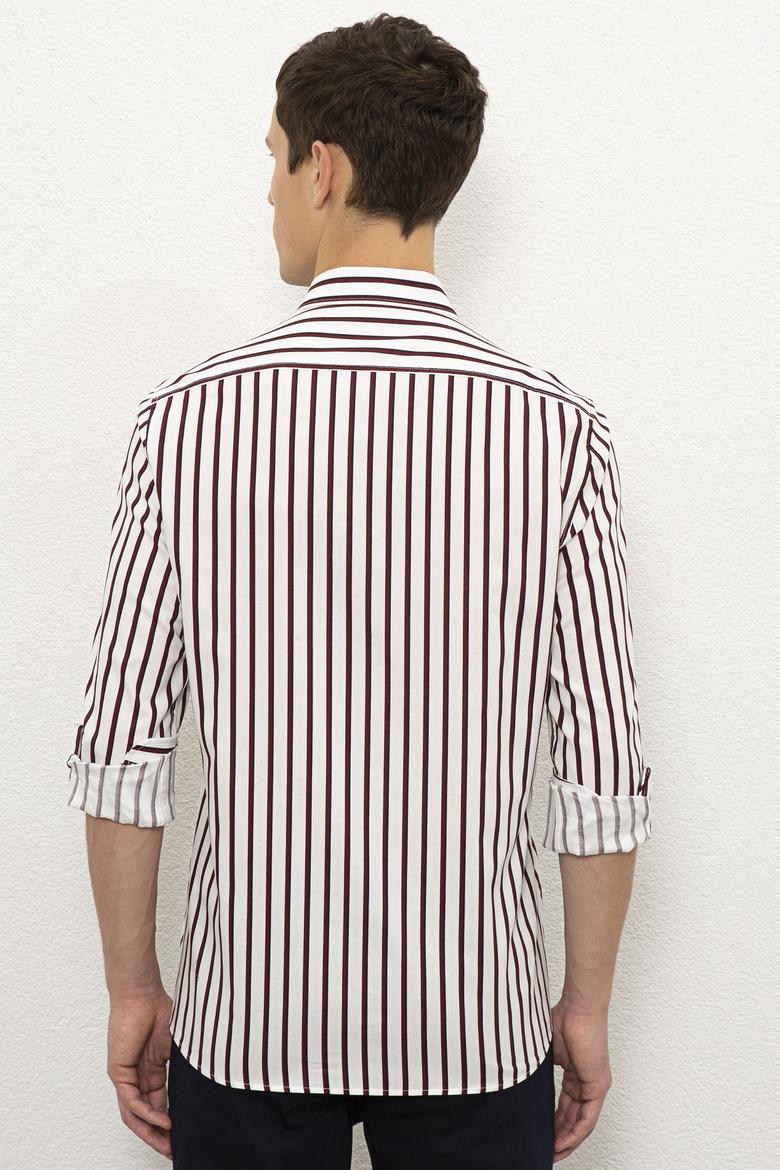 Erkek Bordo Dikey Çizgili Gömlek Uzunkol - 50226560030