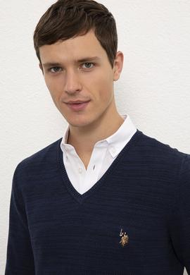 Erkek Lacivert V-Yaka Triko Kazak - 50228357029