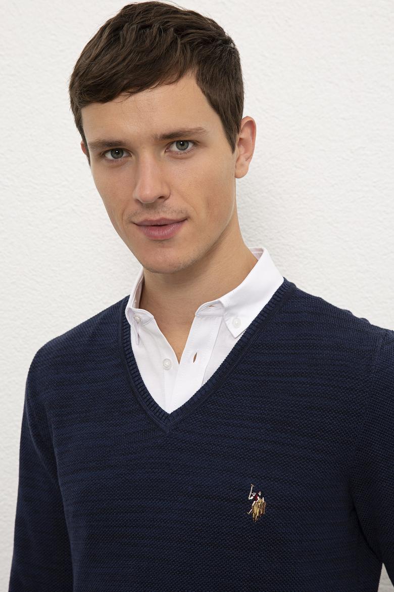 Erkek Lacivert V-Yaka Triko Kazak - 50228357029