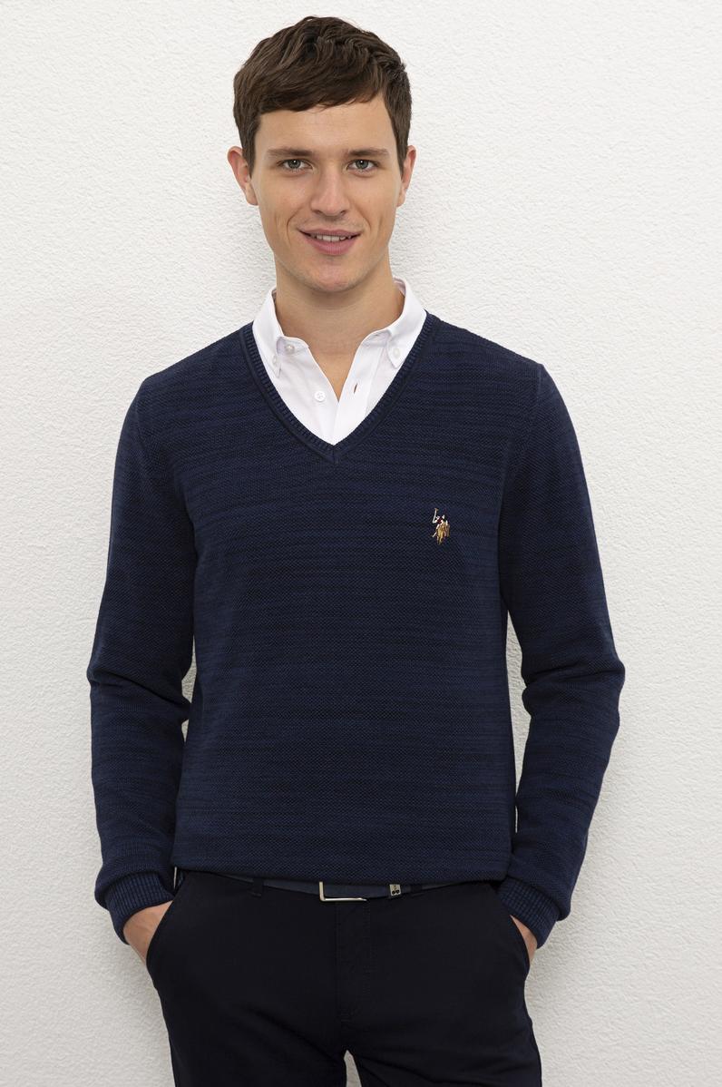 Erkek Lacivert V-Yaka Triko Kazak