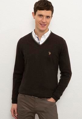 Erkek Kahverengi Melanj V-Yaka Triko Kazak Basic - 50224747037