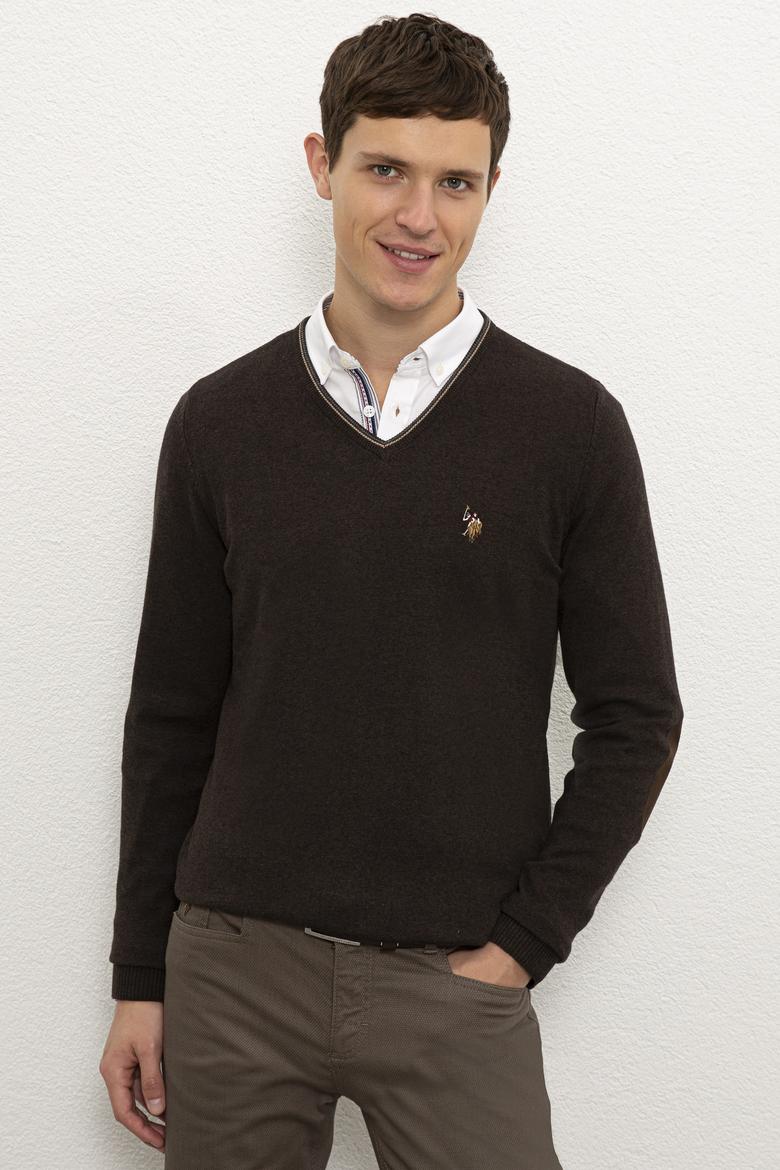 Erkek Kahverengi Melanj V-Yaka Triko Kazak Basic