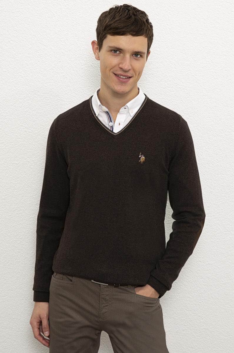 Erkek Kahverengi Melanj V-Yaka Triko Kazak Basic