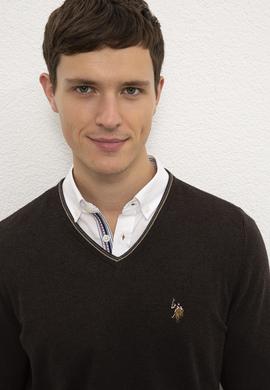 Erkek Kahverengi Melanj V-Yaka Triko Kazak Basic - 50224747037