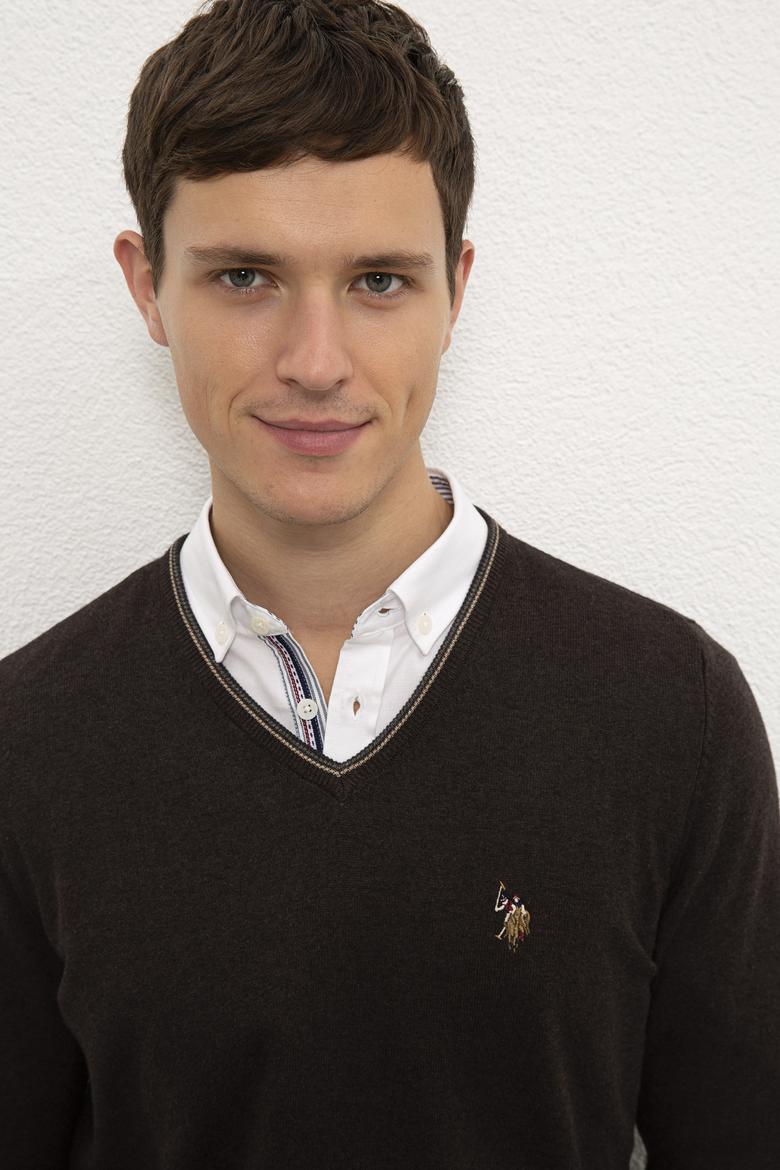 Erkek Kahverengi Melanj V-Yaka Triko Kazak Basic - 50224747037