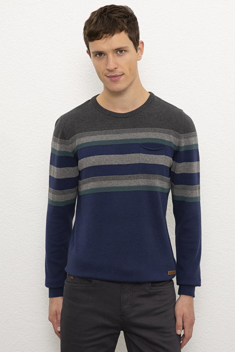 Erkek İndigo Bisiklet Yaka Triko Kazak