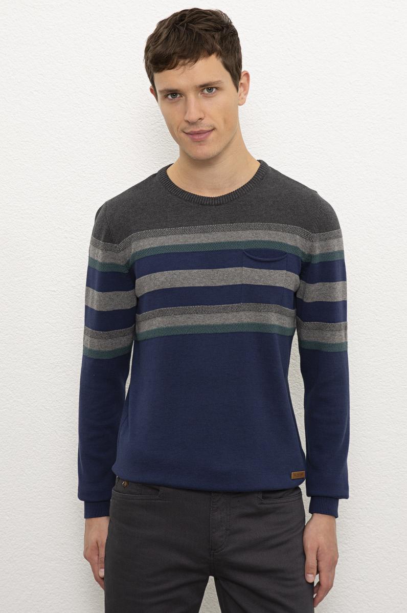 Erkek İndigo Bisiklet Yaka Triko Kazak