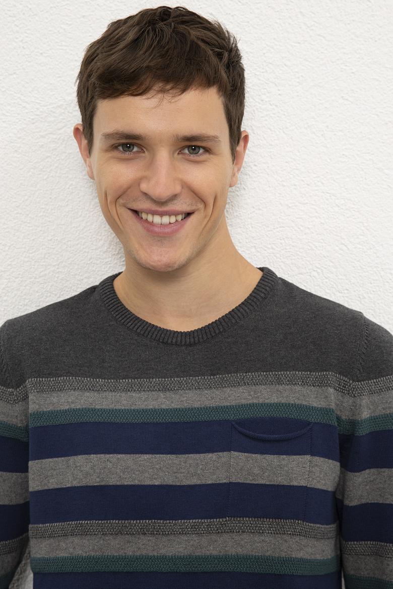 Erkek İndigo Bisiklet Yaka Triko Kazak - 50228567018