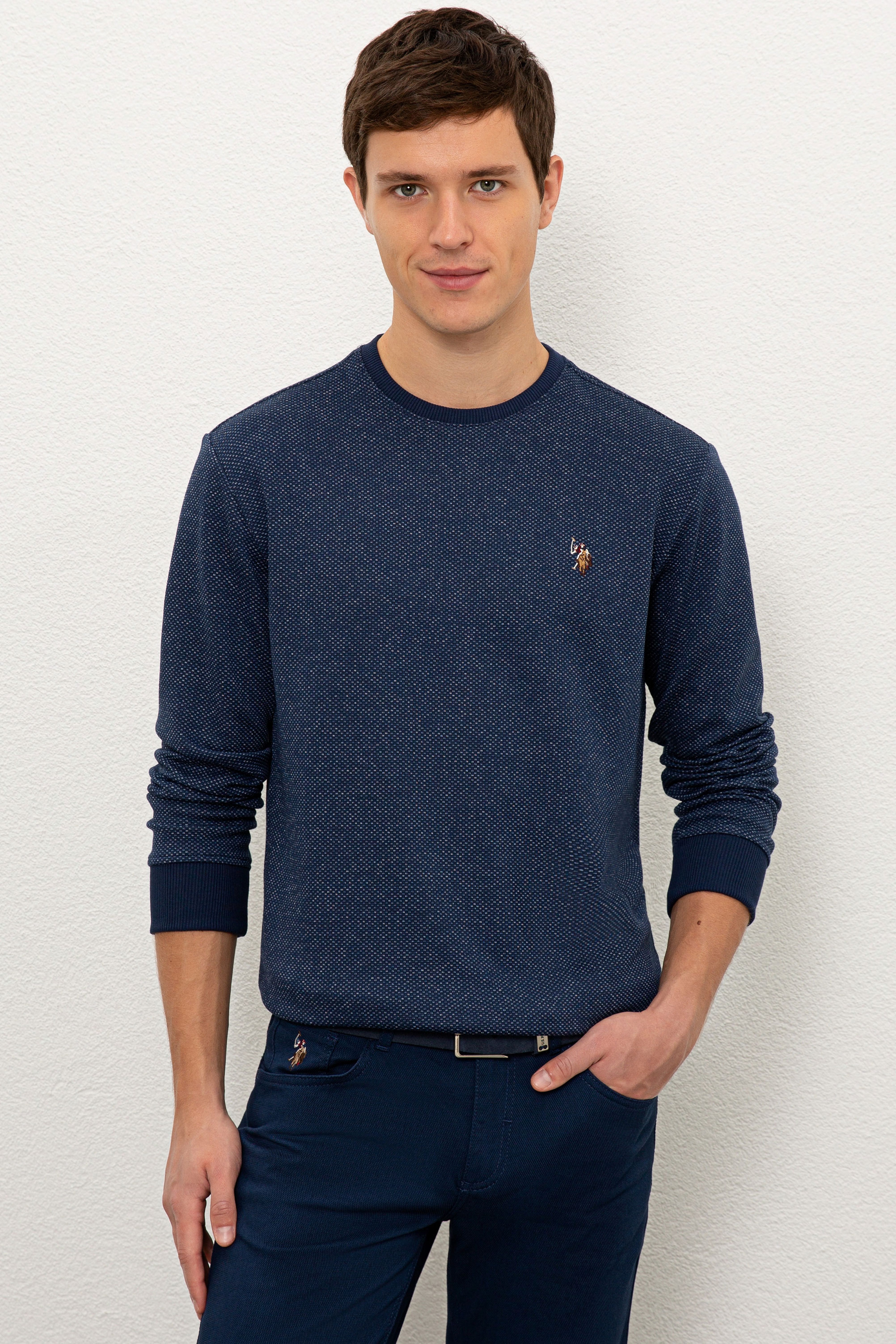 Erkek İndigo Bisiklet Yaka Sweatshirt - Image 1