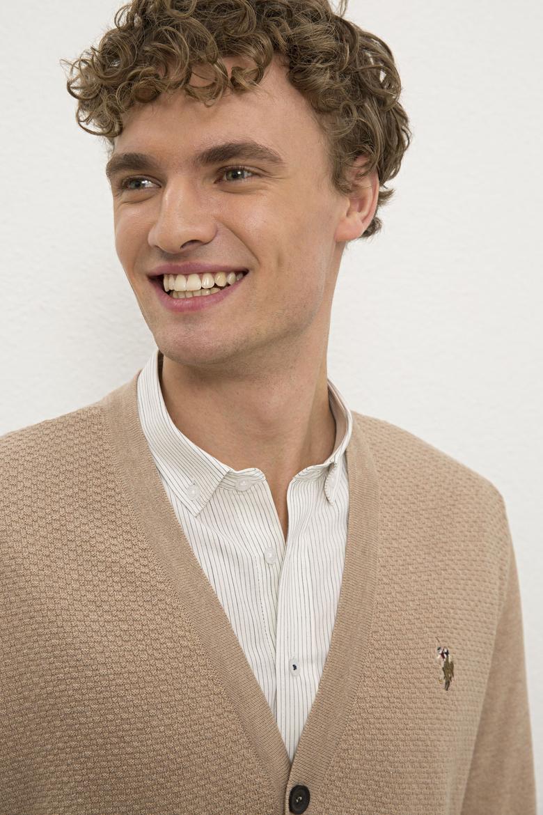 Erkek Camel Melanj V-Yaka Triko Hırka Basic - 50224887023