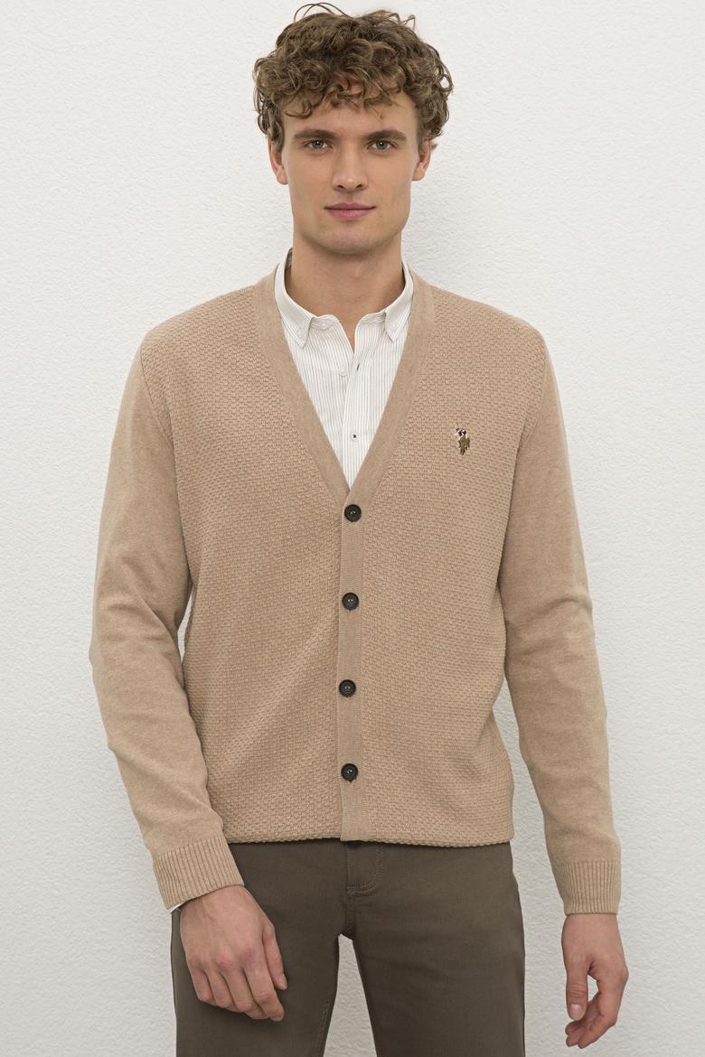 Erkek Camel Melanj V-Yaka Triko Hırka Basic