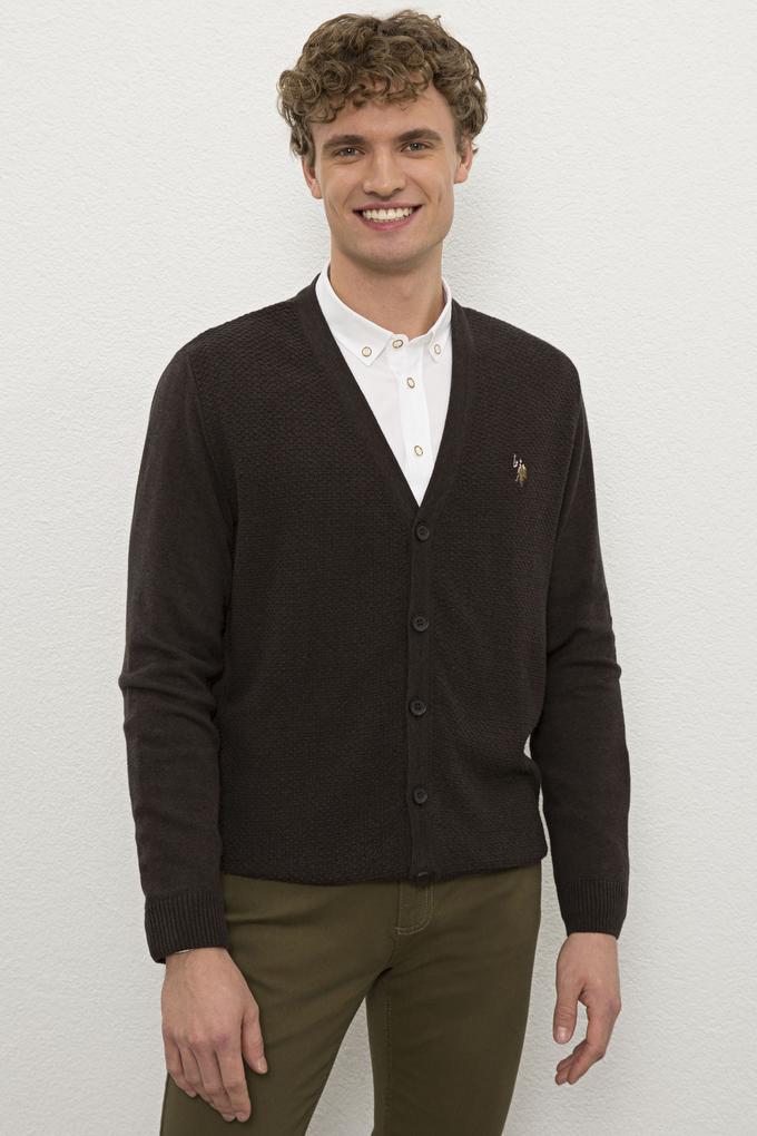 Erkek Kahverengi V-Yaka Triko Hırka Basic